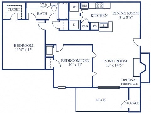 Floor plan for 2 beds, 1 bath, 943 sqft